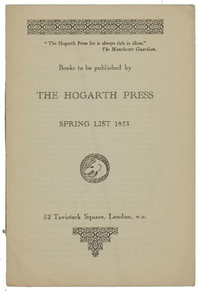 Image of front cover of catalogue called 'Books to be Published by The Hogarth Press (Spring 1933)' 