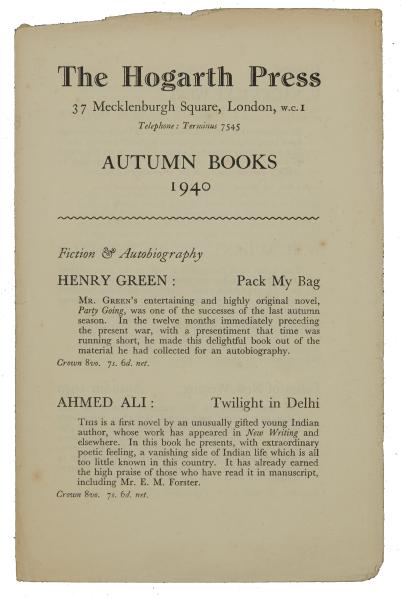 Image of front cover of catalogue: The Hogarth Press, Autumn Books (1940)