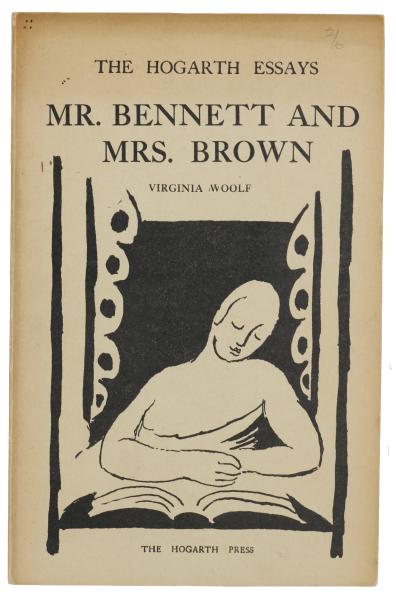 Image of paper book cover of Mr Bennett and Mrs Brown (second impression 1928) featuring a black and white illustration by Vanessa Bell