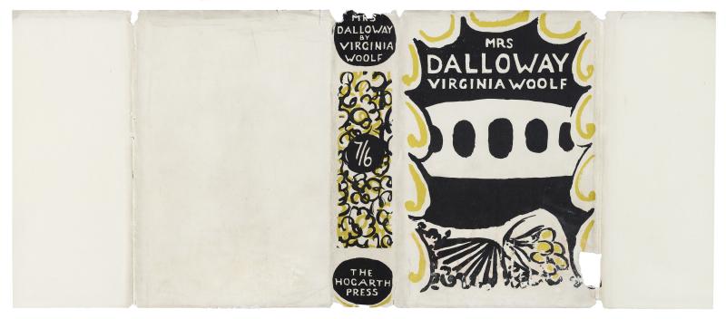 Image of dust jacket of Mrs Dalloway, featuring a yellow and black illustration by Vanessa Bell