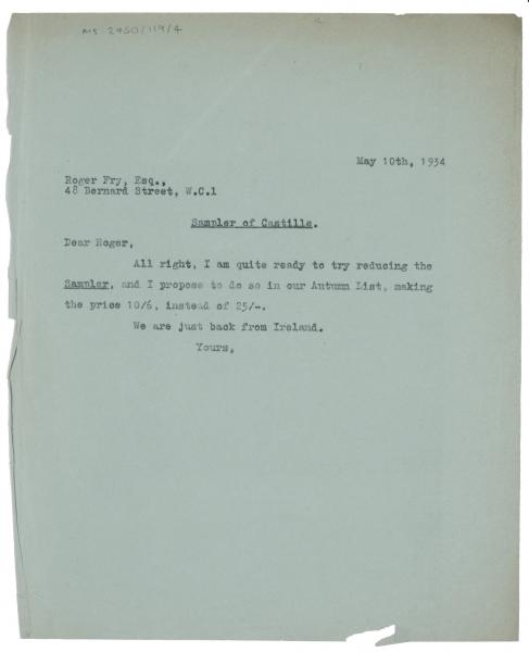Image of typescript letter from The Hogarth Press to Roger Fry (10/05/1934) page 1 of 1