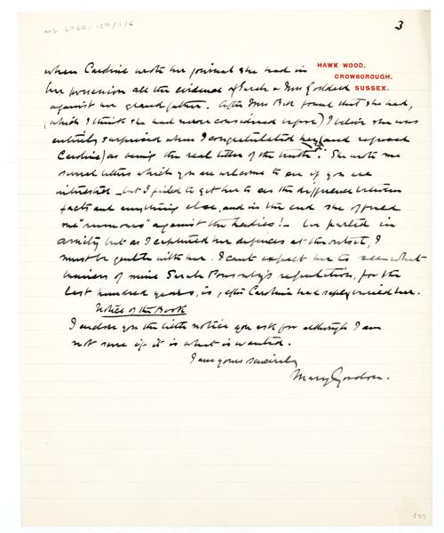 Image of handwritten letter from Mary Gordon to The Hogarth Press (04/01/1936) page 3 of 3