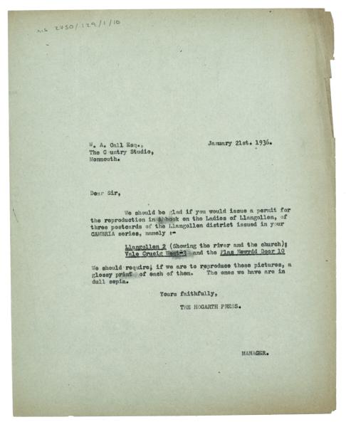 Image of typescript letter from The Hogarth Press to The Country Studio (21/01/1936) page 1 o 1
