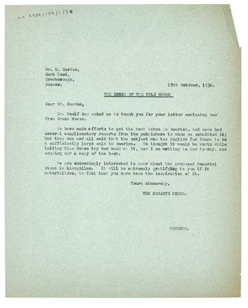 Image of typescript letter from Margaret West to Mary Gordon (19/10/1936) page 1 of 1