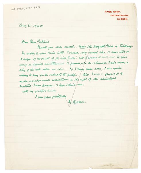 Image of a Letter from Mary Gordon to Norah Perkins (31/08/1940)