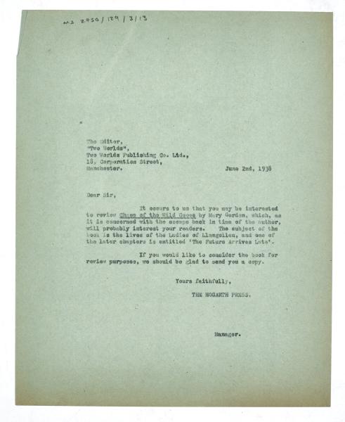 Image of typescript letter from The Hogarth Press to Two Worlds Publishing Co. Ltd (02/06/1938) page 1 of 1