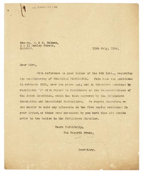 Image of typescript letter from The Hogarth Press to W. & R. Holmes (11/07/1934) page 1 of 1