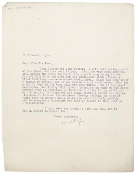 Image of typescript letter from Leonard Woolf to Jane Ellen Harrison (17/12/1924) page 1 of 1