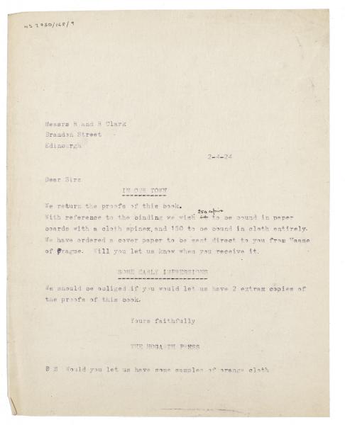 Image of typescript letter from The Hogarth Press to R. & R. Clark (02/04/1924) page 1 of 1