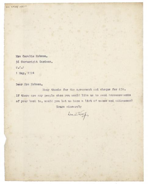 image of typescript letter from Leonard Woolf to Coralie Hobson (01/05/1924) page 1 of 1