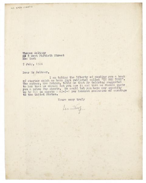 Image of typescript letter from Leonard Woolf to Thomas Seltzer (07/07/1924) page 1 of 1