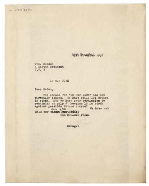 Image of typescript letter from Miss Scott Johnson to Coralie Hobson (25/11/1932) page 1 of 1