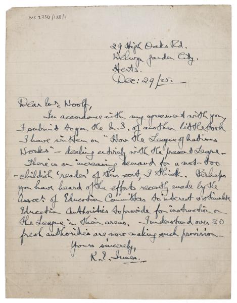 Image of handwritten letter from Kathleen Innes to Leonard Woolf (29/12/1925) page 1 of 1