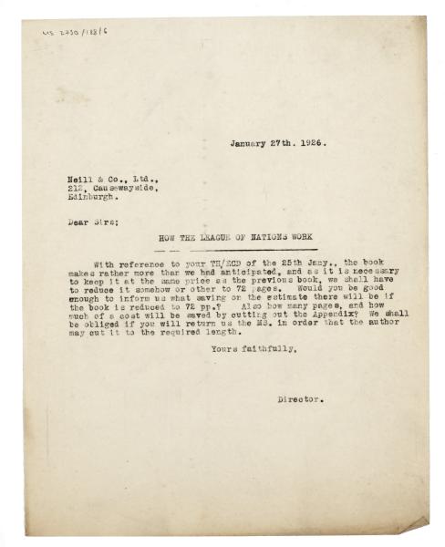 Image of typescript letter from The Hogarth Press to Neill & Co., Ltd (27/01/1926) page 1 of 1