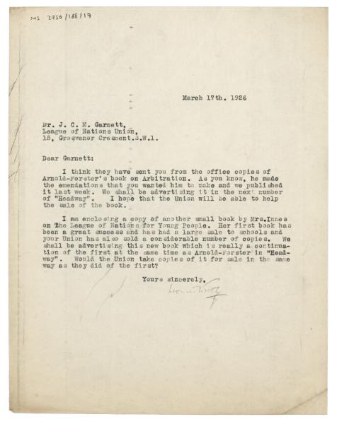 Image of typescript letter from Leonard Woolf to the League of Nations Union (17/03/1926) page 1 of 1