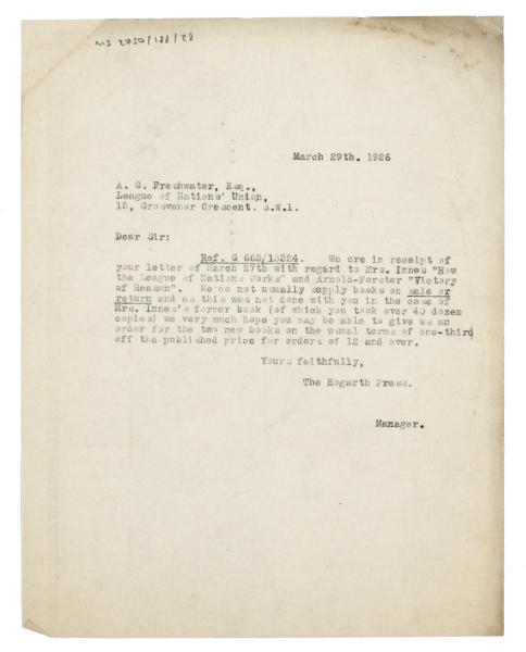 Image of typescript letter from The Hogarth Press to the League of Nations Union (29/03/1926) page 1 of 1