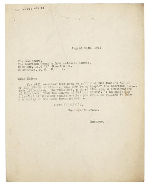 Image of typescript letter from The Hogarth Press to the American Women's International League (13/08/1926) page 1 of 1