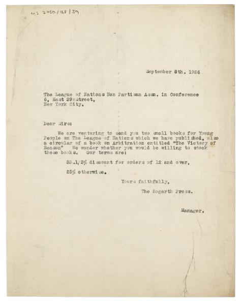 Image of typescript letter from The Hogarth Press to the League of Nations Non-Partisan Association (08/09/1926) page 1 of 1