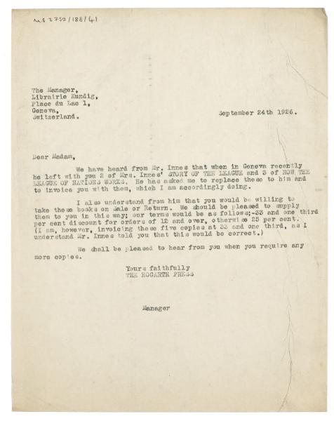 Image of typescript letter from The Hogarth Press to Librarie Kundig (24/09/1926) page 1 of 1