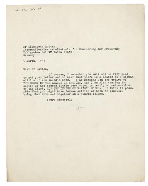 Image of typescript letter from Leonard Woolf to the International Working Group for the Renewal of Education (03/05/1927) page 1 of 1 