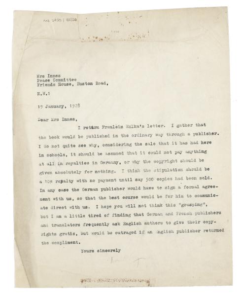 Image of typescript letter from Leonard Woolf to Kathleen Innes (19/01/1928) page 1 of 1