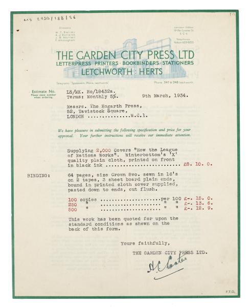 Image of typescript letter from The Garden City Press Ltd to The Hogarth Press (09/03/1934) page 1 of 2 