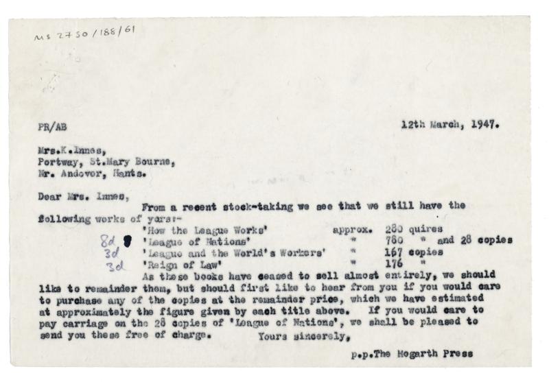 Image of typescript letter from Piers Raymond to Kathleen Innes (12/03/1947) page 1 of 1