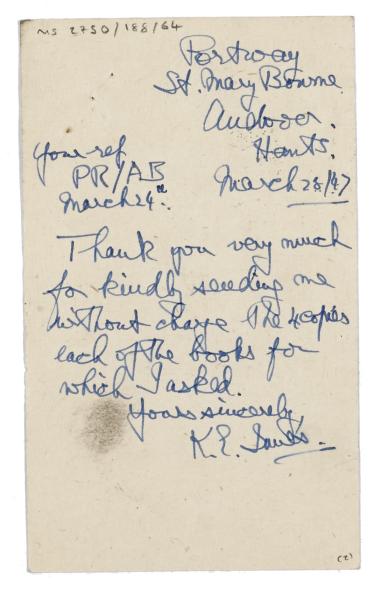 Image of postcard from Kathleen Innes to Leonard Woolf (28/03/1947) page 2 of 2