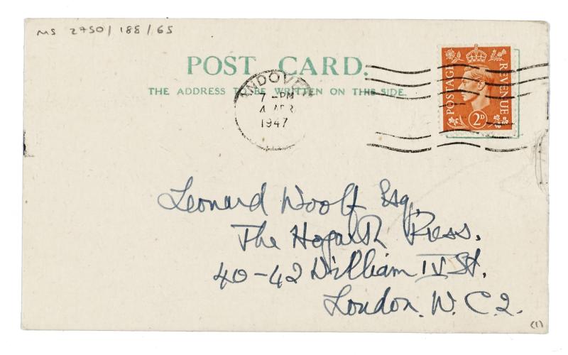 Image of postcard from Kathleen Innes to Leonard Woolf (04/04/1947) page 1 of 2