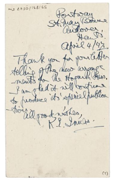 Image of postcard from Kathleen Innes to Leonard Woolf (04/04/1947) page 2 of 2