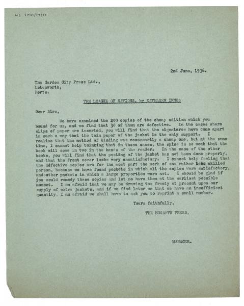 ettImage of typescript letter from The Hogarth Press to The Garden City Press Ltd (02/06/1936) page 1 of 1