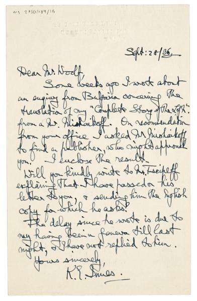 Image of handwritten letter from Kathleen Innes to Leonard Woolf (28/09/1936)  page 1 of 1