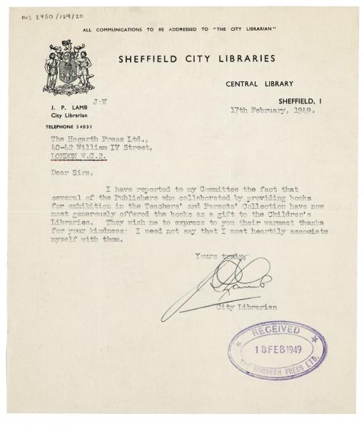 Image of typescript letter from Sheffield City Libraries to The Hogarth Press (17/02/1949) page 1 of 1