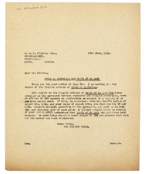 Image of typescript letter from The Hogarth Press to C. H. B. Kitchin (14/06/1939) page 1 of 1