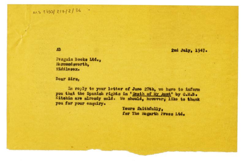 Image of typescript letter from Aline Burch to Penguin Books Ltd (02/07/1947) page 1 of 1 