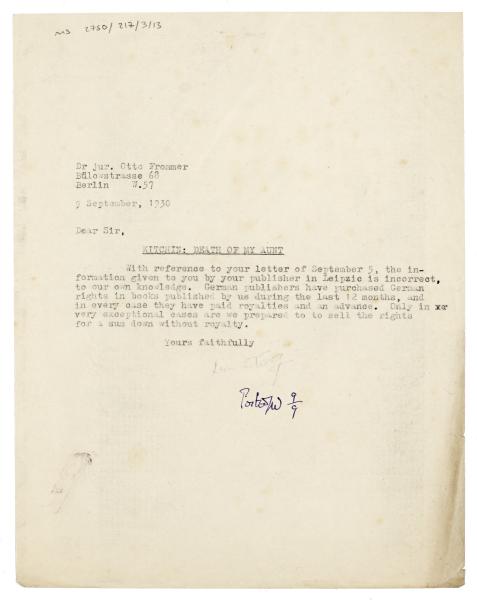 Image of typescript letter from Leonard Woolf to Otto Frommer (09/09/1930) page 1 of 1