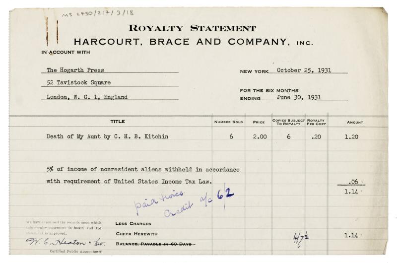 Image of typescript royalty statement from Harcourt, Brace and Co. to The Hogarth Press (25/10/1931) [2] 
