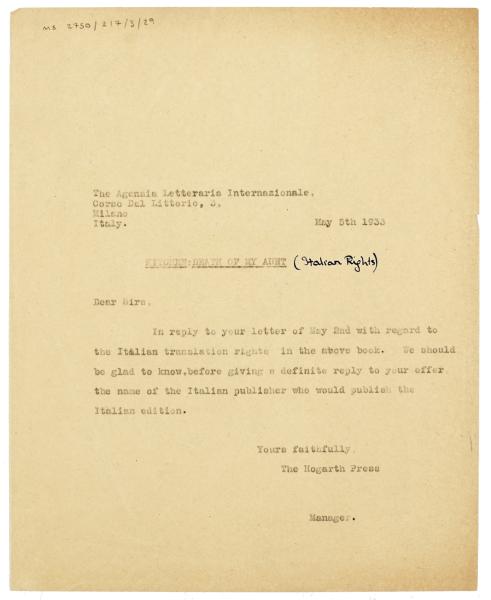 Image of typescript letter from The Hogarth Press to Agenzia Letteraria Internazionale (05/05/1933) page 1 of 1
