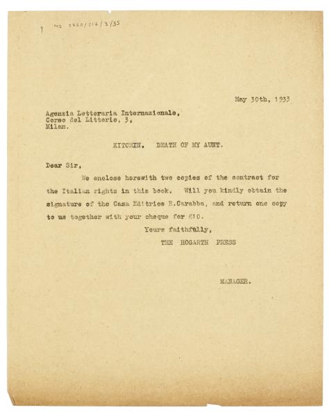  image of typescript letter from The Hogarth Press to Agenzia Letteraria Internazionale (30/05/1933) page 1 of 1