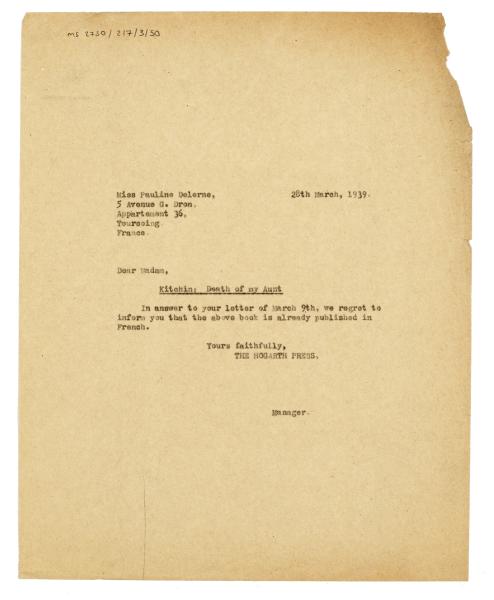 Image of typescript letter from The Hogarth Press to Pauline Delerne (28/03/1939) page 1 of 1