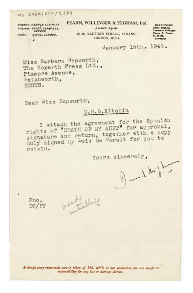 Image of a Letter from Pearn Pollinger and Higham to Barbara Hepworth (15/01/1946)