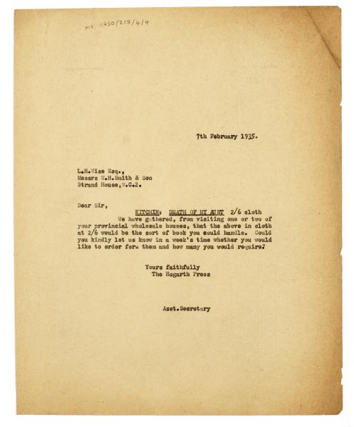 Image of typescript letter from The Hogarth Press to W. H. Smith & Son (07/02/1935) page 1 of 1