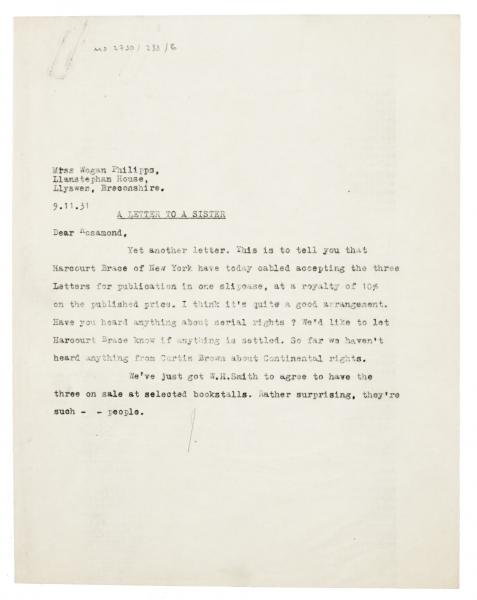 Image of typescript letter from John Lehmann to Rosamond Lehmann (09/11/1931) page 1 of 1