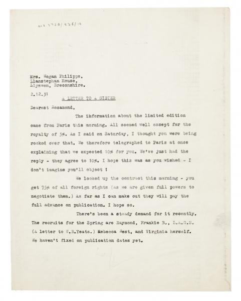 Image of typescript letter from John Lehmann to Rosamond Lehmann (02/12/1931) page 1 of 1