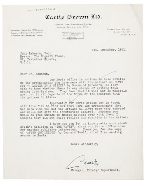 Image of a letter from Curtis Brown Ltd to John Lehmann (07/12/1931)