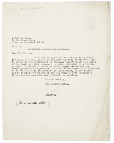 Image of typescript letter from John Lehmann to Curtis Brown Ltd (16/12/1931) page 1 of 1