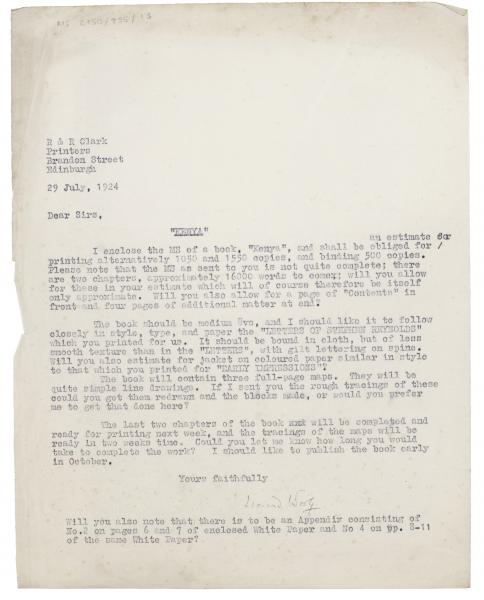 image of letter from Leonard Woolf to R.& R. Clark (29/07/1924) typescript letter, one page