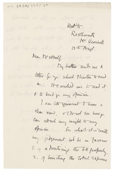 Handwritten letter from Kenneth Leys to Leonard Woolf (13/08/1924) page 1 of 2