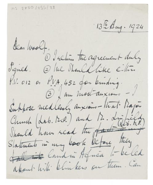 handwritten letter from Norman Leys to Leonard Woolf (13/08/1924) 1 of 2 pages