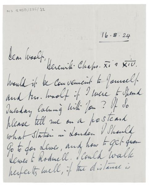 Image of handwritten letter from Norman Leys to Leonard Woolf (16/08/1924) page 1 of 2